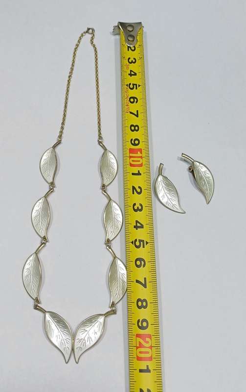 1950s David-Andersen White Enamel Sterling Silver Leaf Set  Necklace & Clip-On Earrings
