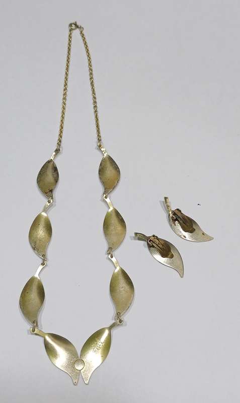 1950s David-Andersen White Enamel Sterling Silver Leaf Set  Necklace & Clip-On Earrings