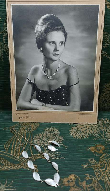 1950s David-Andersen White Enamel Sterling Silver Leaf Set  Necklace & Clip-On Earrings
