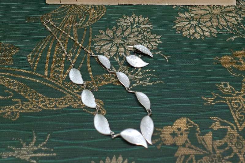 1950s David-Andersen White Enamel Sterling Silver Leaf Set  Necklace & Clip-On Earrings