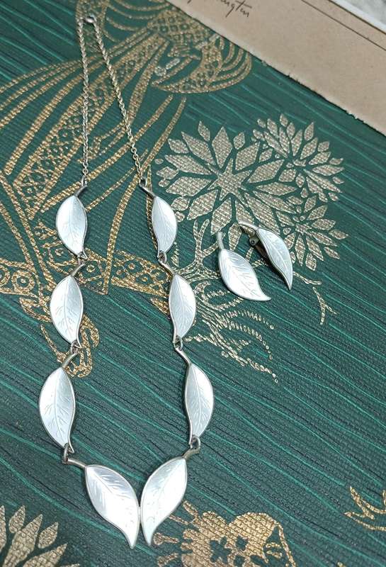 1950s David-Andersen White Enamel Sterling Silver Leaf Set  Necklace & Clip-On Earrings