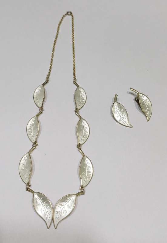 1950s David-Andersen White Enamel Sterling Silver Leaf Set  Necklace & Clip-On Earrings