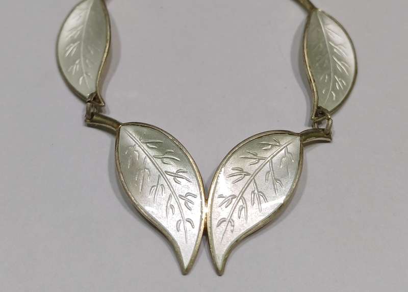1950s David-Andersen White Enamel Sterling Silver Leaf Set  Necklace & Clip-On Earrings