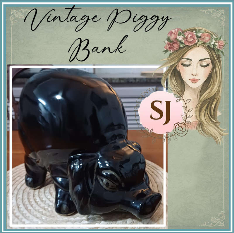 Large Black Porcelain piggy bank representing a pig and dating from the 1980s.