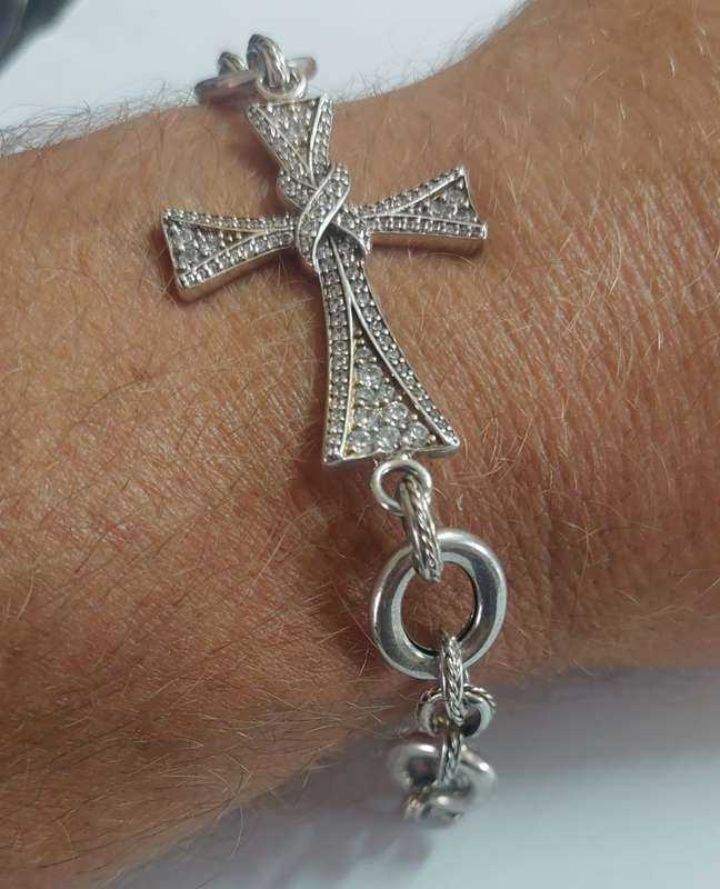 Magnificent vintage sterling silver cz cross bracelet 16.9g