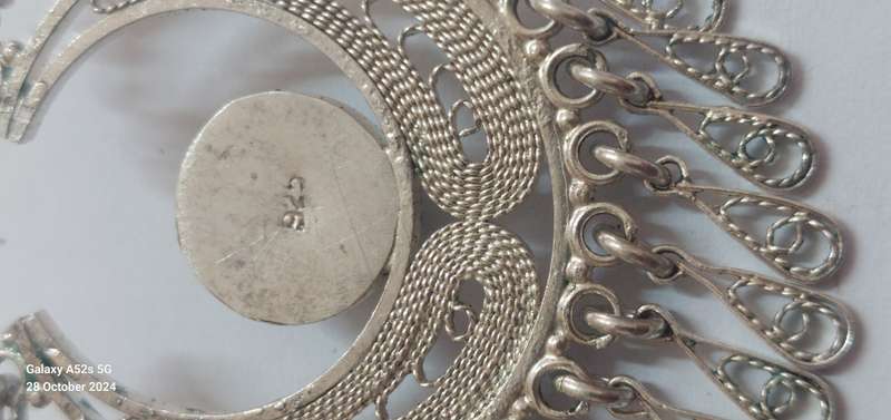 Amazing vintage sterling filigree silver green stone necklace 47.7g