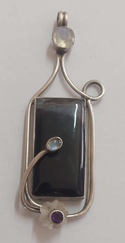 Amazing extra large sterling silver agate, moonstone & amethyst pendant 28.8g