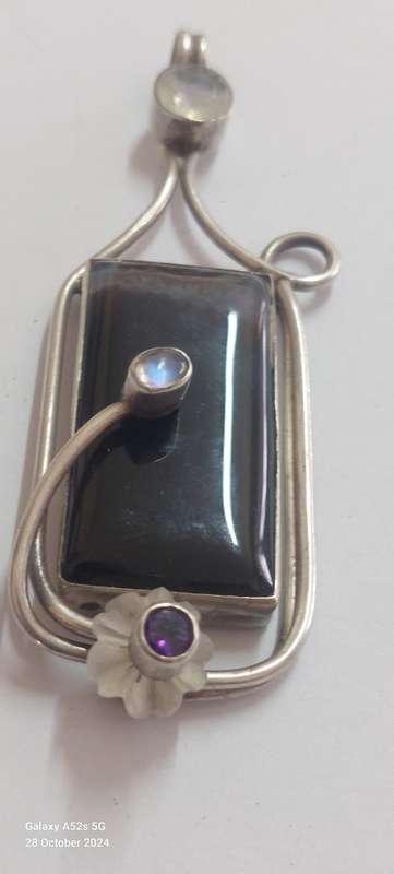 Amazing extra large sterling silver agate, moonstone & amethyst pendant 28.8g