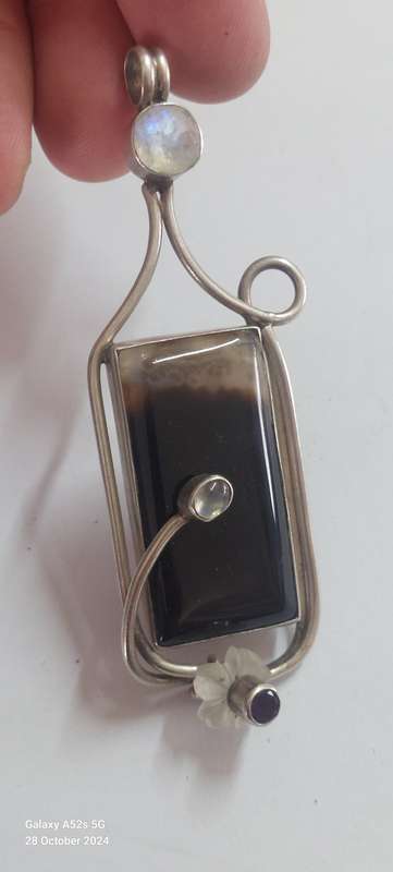 Amazing extra large sterling silver agate, moonstone & amethyst pendant 28.8g