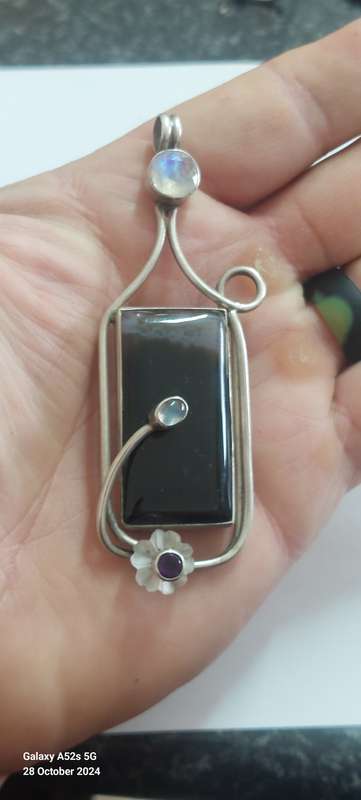 Amazing extra large sterling silver agate, moonstone & amethyst pendant 28.8g