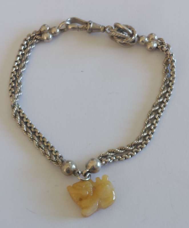 Amazing antique Silver & yellow jade foo dog bracelet circa 1910,   16.4g