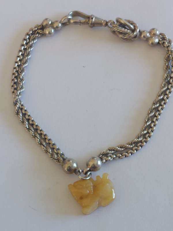 Amazing antique Silver & yellow jade foo dog bracelet circa 1910,   16.4g