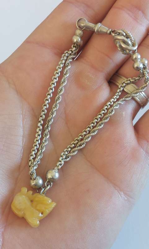 Amazing antique Silver & yellow jade foo dog bracelet circa 1910,   16.4g