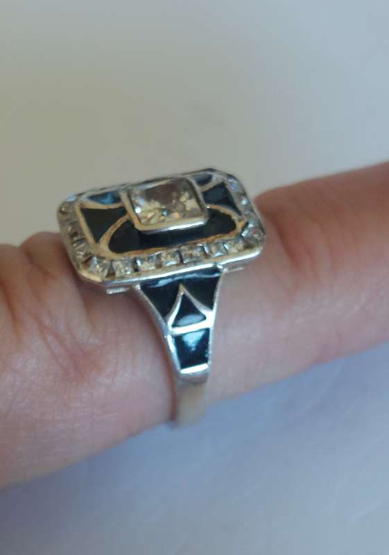 Exquisite vintage sterling silver enamel & cz ring 4.3g