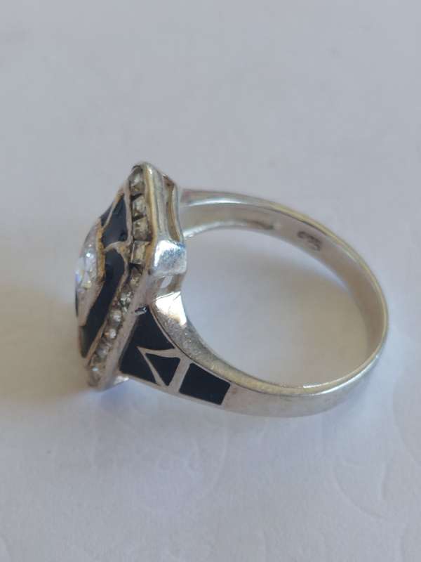 Exquisite vintage sterling silver enamel & cz ring 4.3g