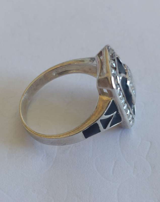 Exquisite vintage sterling silver enamel & cz ring 4.3g