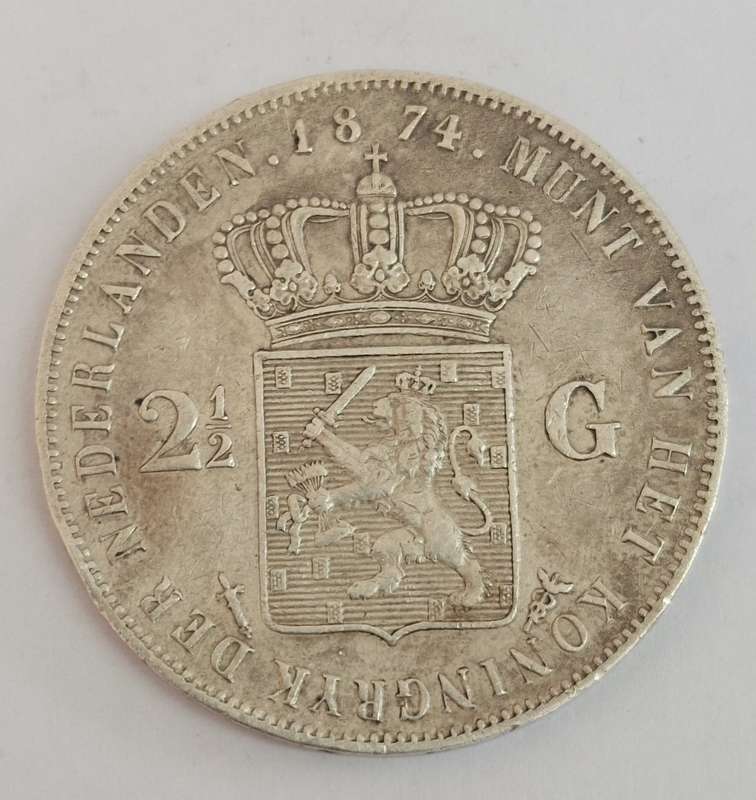 Amazing 94.5% silver 1874 2½ Guilden Willem III coin Value R1200