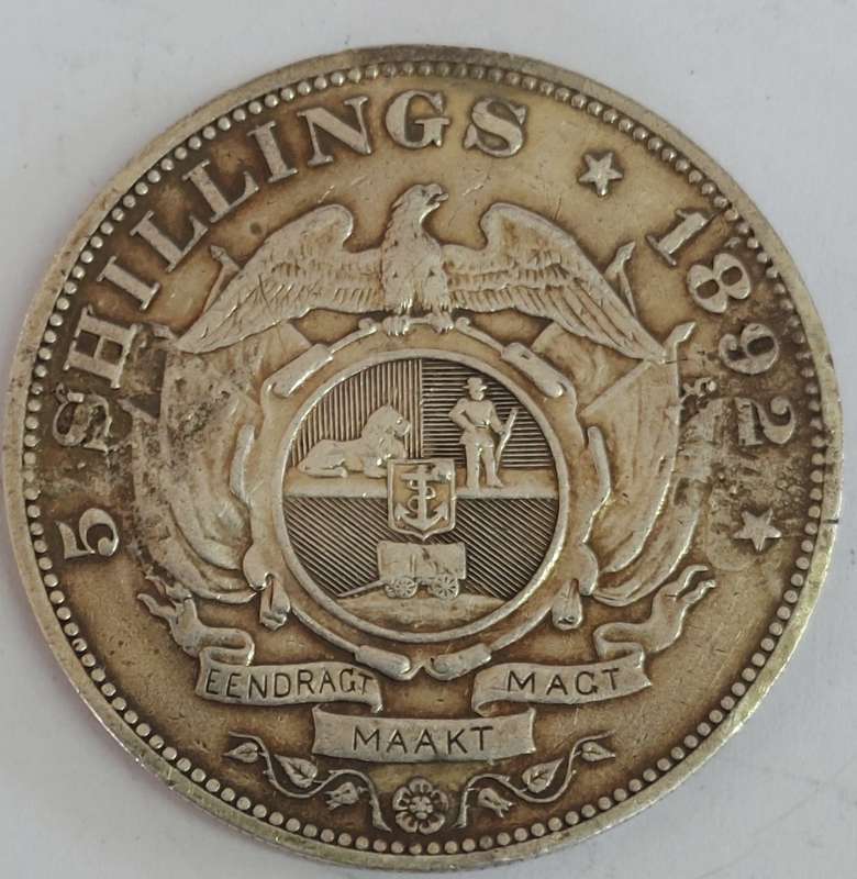 Rare 1892 single shaft kruger 5 shilling 28.1g Exmount coin