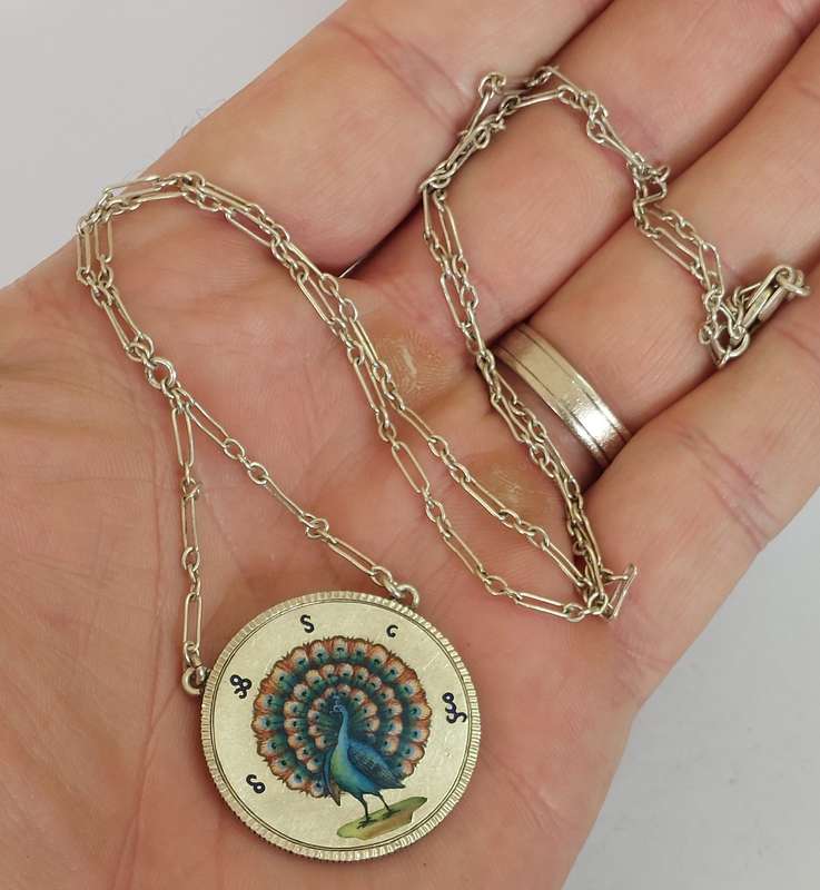 Very Rare 1852 enamel silver 1 kyat peacock coin necklace circa 1890's Value R7500