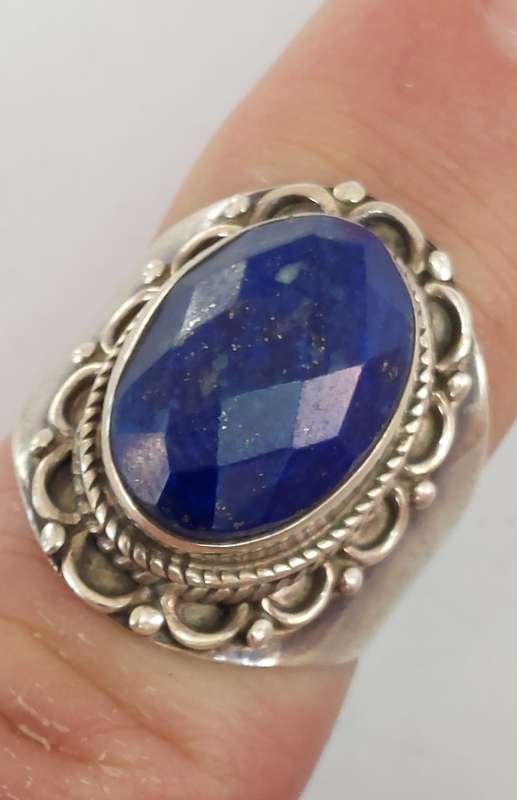 Magnificent vintage sterling silver faceted lapis lazuli ring 6.0g