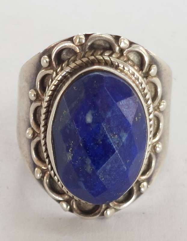 Magnificent vintage sterling silver faceted lapis lazuli ring 6.0g
