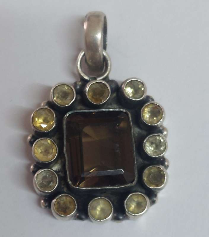 Large vintage sterling silver smokey quartz & citrine pendant 14.4g Stunner!!