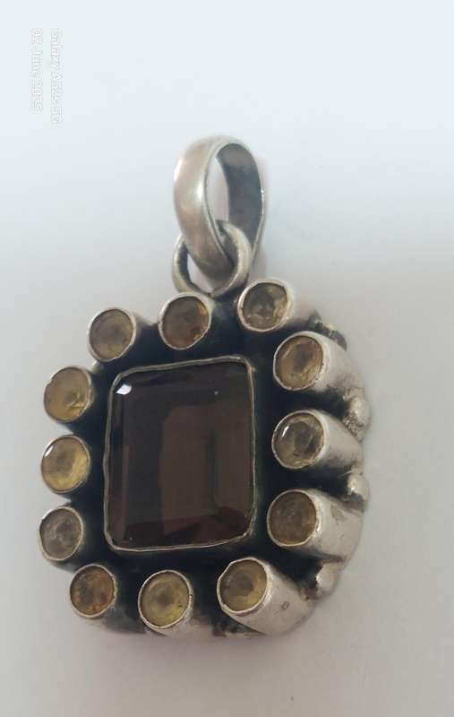 Large vintage sterling silver smokey quartz & citrine pendant 14.4g Stunner!!