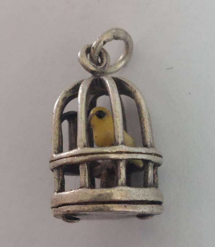 Very Rare vintage sterling silver enamel bird in cage charm 3.3g