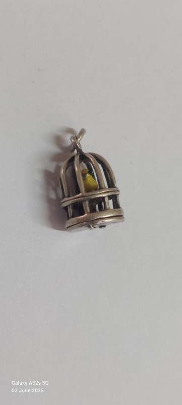 Very Rare vintage sterling silver enamel bird in cage charm 3.3g