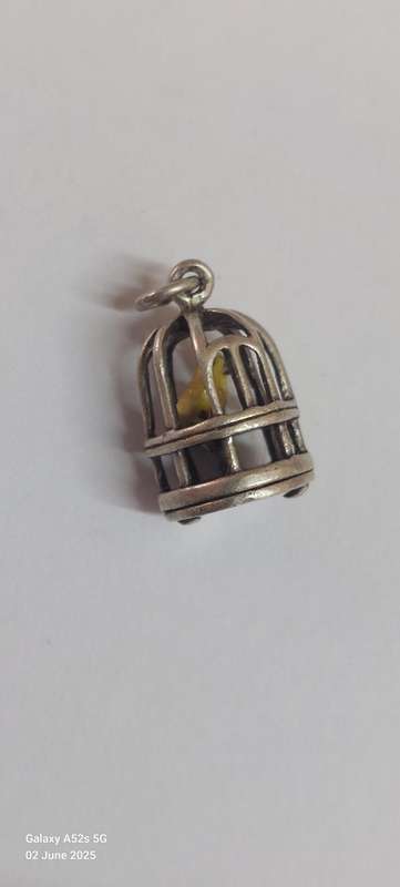Very Rare vintage sterling silver enamel bird in cage charm 3.3g