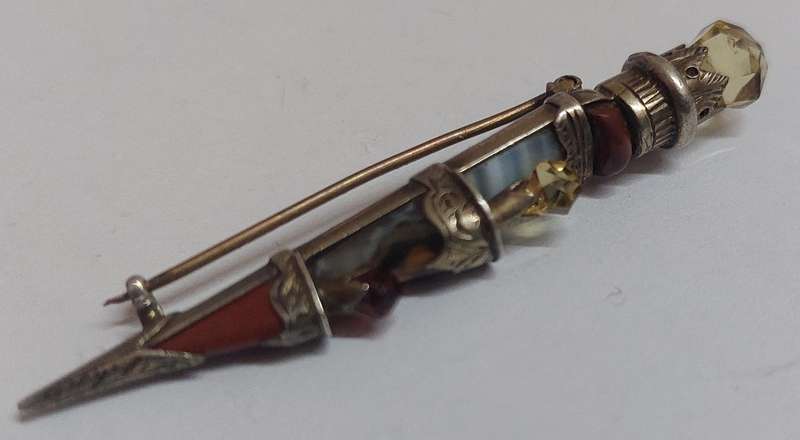 19th Century Scottish Silver Mixed Stone Dagger Brooch Circa 1880's 4.6g