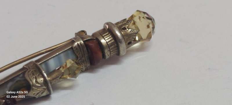 19th Century Scottish Silver Mixed Stone Dagger Brooch Circa 1880's 4.6g