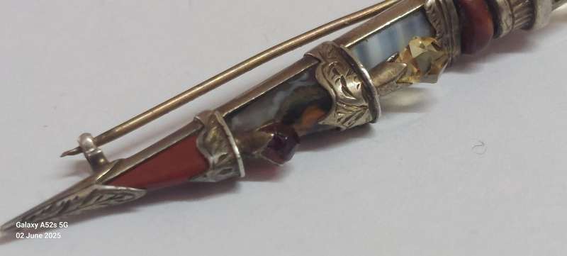 19th Century Scottish Silver Mixed Stone Dagger Brooch Circa 1880's 4.6g