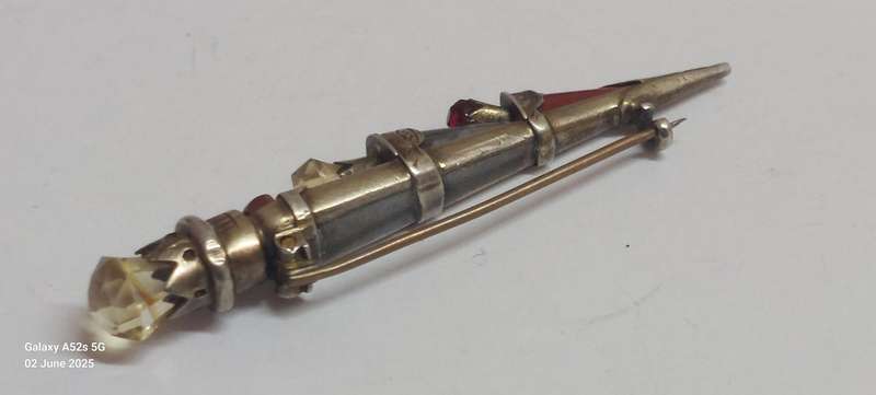 19th Century Scottish Silver Mixed Stone Dagger Brooch Circa 1880's 4.6g