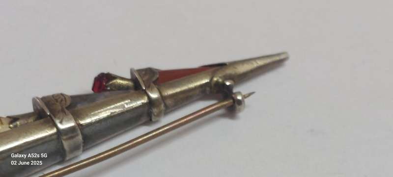 19th Century Scottish Silver Mixed Stone Dagger Brooch Circa 1880's 4.6g