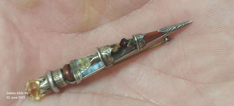 19th Century Scottish Silver Mixed Stone Dagger Brooch Circa 1880's 4.6g
