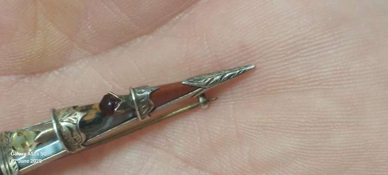 19th Century Scottish Silver Mixed Stone Dagger Brooch Circa 1880's 4.6g