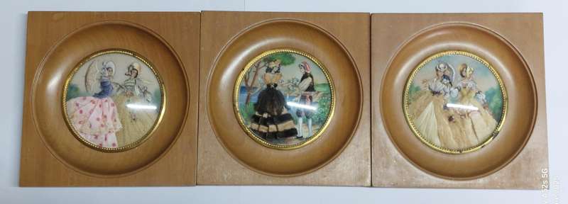 3 x Victorian miniature watercolour & fabric on celluloid paintings circa 1900