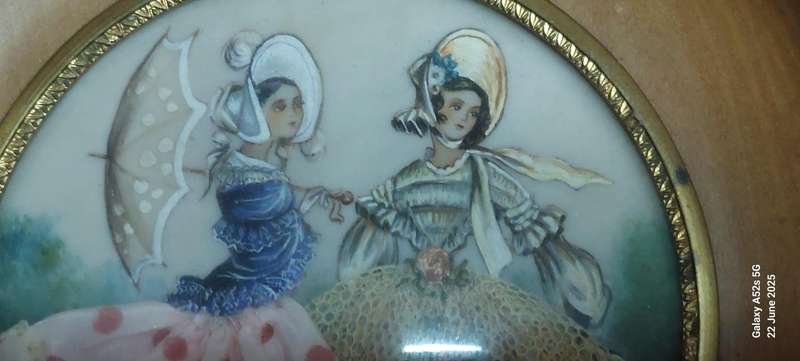 3 x Victorian miniature watercolour & fabric on celluloid paintings circa 1900