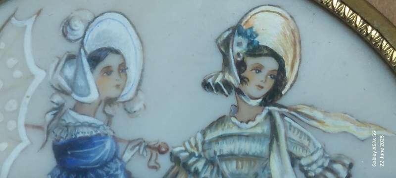 3 x Victorian miniature watercolour & fabric on celluloid paintings circa 1900