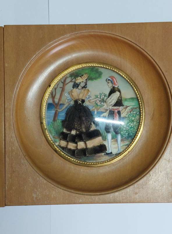 3 x Victorian miniature watercolour & fabric on celluloid paintings circa 1900