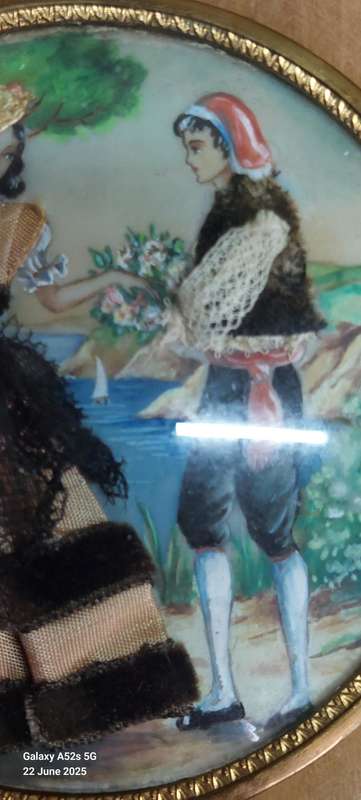 3 x Victorian miniature watercolour & fabric on celluloid paintings circa 1900