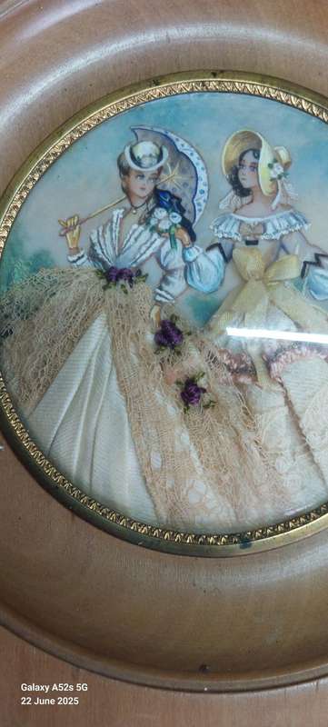 3 x Victorian miniature watercolour & fabric on celluloid paintings circa 1900
