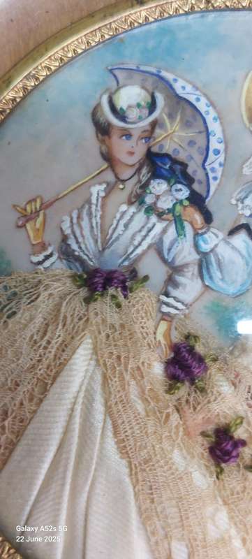 3 x Victorian miniature watercolour & fabric on celluloid paintings circa 1900