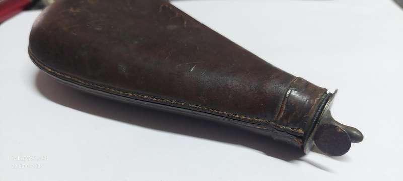 Rare!! 19th century leather & brass bird shot flask with bird shot inside circa 1850's Value R2500