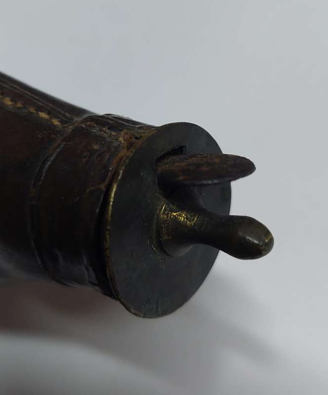 Rare!! 19th century leather & brass bird shot flask with bird shot inside circa 1850's Value R2500