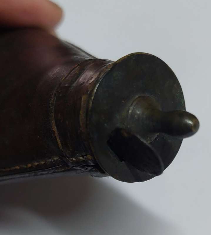 Rare!! 19th century leather & brass bird shot flask with bird shot inside circa 1850's Value R2500
