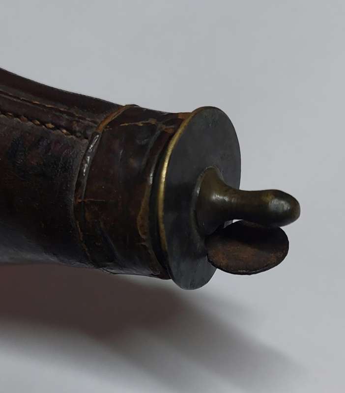 Rare!! 19th century leather & brass bird shot flask with bird shot inside circa 1850's Value R2500