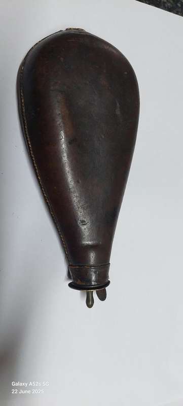 Rare!! 19th century leather & brass bird shot flask with bird shot inside circa 1850's Value R2500