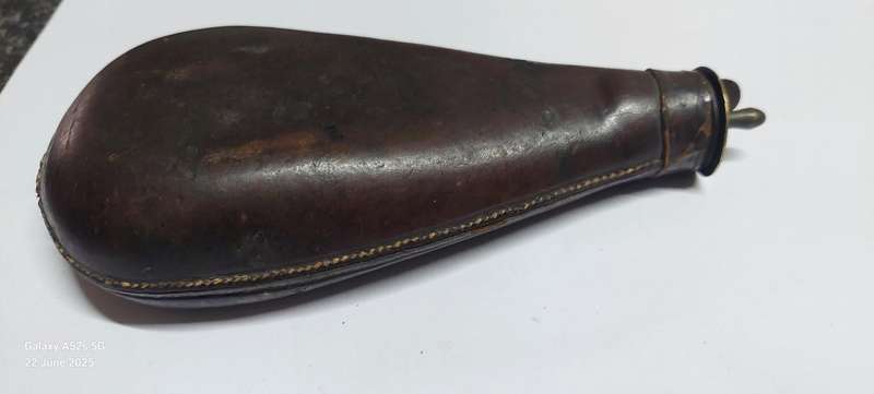 Rare!! 19th century leather & brass bird shot flask with bird shot inside circa 1850's Value R2500